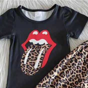 Srčkan malčka dekle oblačila jezika tiskanih tunika vrh bell-dno leopard dolge hlače modni preprost otroci obleke