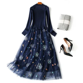Ženske jeseni, pozimi sequined mrežasto obleko elegantno turtleneck pletene mozaik fit in flare plus velikost obleke nove 2019 modra