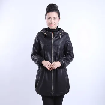 Velika velikost 6XL dolgo usnjena jakna ženske pozimi in jeseni leta 2020 usnjena oblačila s kapuco za ženske zimske usnjene črni plašč