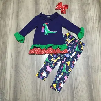 Girlymax Božični set dekleta dinozaver raglan darilo dinozaver tiskanja hlače baby dekle pozimi obleko z lokom