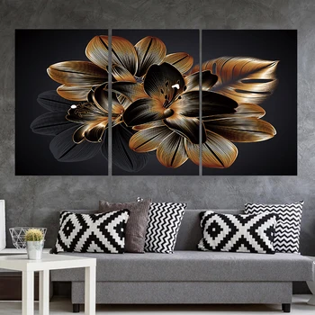 Nordijsko zlato povzetek lily cvet ozadju, umetnost, slikarstvo plakat, natisnjen na platno plakat steno v dnevni sobi doma dekoracijo