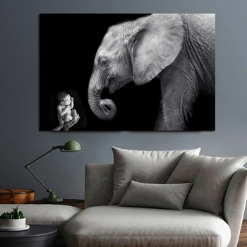 DDHH Wall Art Otroka Z Slon Živali Oljna slika, Poster Tiskanje ljudi In Naravo Platno Painitng Stenske Slike Za dnevno Sobo