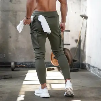 Moške bombažne fitnes športne hlače za moške outdoor fitnes, tek, usposabljanje hlače za Moške multi-zadrgo žep šport slim-fit hlače