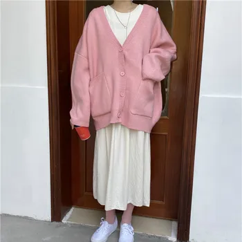 Cardigan Ženske Pomladni Vintage Ljubko Moda korejski Preprost Proti-vrat Dame Pleteninah Prevelik Vse-tekmo Ins Padec Femme Puloverji