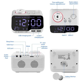 Digitalna Budilka Radio Bluetooth Zvočnik,12/24 H,Zatemnitev,Dvojni Alarm,Dremež,Termometer,merilnik časa Belo NAS Plug