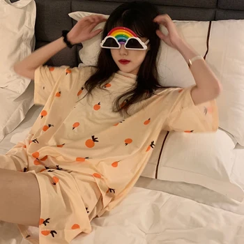 Srčkan Oranžno Sadje Tiskanja Poletje Pižamo Set Za Ženske do leta 2020 Dekleta Svoboden Priložnostne Sleepwear Znoj T-Majice in Hlače Pjs Homewear