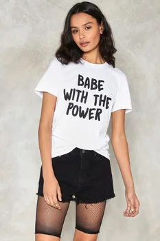 Babe Z Močjo Žensk Feminizma T-Shirt Poletje Priložnostne Kratkimi Rokavi Belo Tee Tumblr Obleko kul stil bombaž vrhovi goth majica