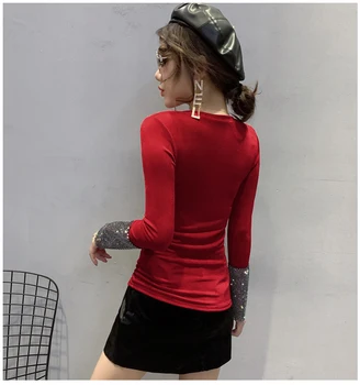 Korejski Obleke Svetlečim Tees majica s kratkimi rokavi Ženske 2020 Pomlad Jesen Dolg Rokav Mozaik Diamanti Vrhovi Ropa Mujer Dno Majica T9D605