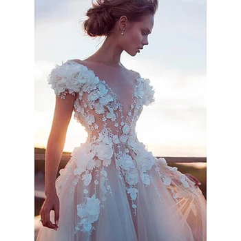 Šampanjec Til Boho Poročne Obleke 2020 Seksi Backless Princesa Poročne obleke Čipke Appliques 3D Cvetje Beach Poroka Oblek
