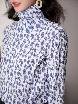 CHEERART Turtleneck Dolg Rokav Vrh Jeseni Leta 2020 Ženske Oblačila Flare Rokav T Shirt Ruched Modra Vzročno Tee Shirt korejski Moda