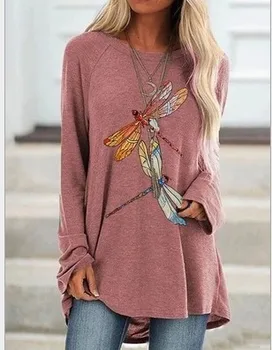 Svoboden Priložnostne Bela Tshirts Dolgimi Rokavi Ženske Dragonfly Tiskanja Dolgo majica Jeseni Novo 2020 Ženski Clothings Velika Velikost S-5XL Majice