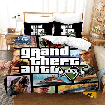 Igra GTA V, Posteljnina Nabor 3D Cartoon Rjuhe Prevleke Prevleke Grand Theft Auto 5 Tolažnik Postelja Kritje Set Home Bedspread(Št Stanja)