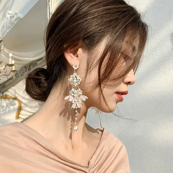 2019 korejski Nov Slog, ki je Super Luksuzna Vila Elegantno Dolgo Kristalno Cvet Tassel Uhani Za Ženske, Nakit
