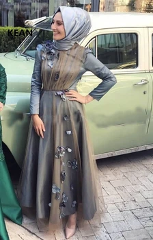 Vintage Muslimanskih Večerne Obleke Sivo Til A-Line Šal Cvetje Uradno Islamska Dubaj Tam Kaftan Savdska Arabski Prom Oblačenja