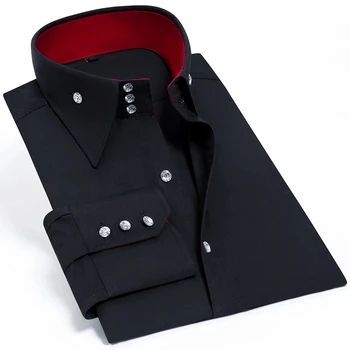 Priložnostne Gumb Moške Formalno Majica Dolg Rokav Black Luxury Podjetja Svila Vitek, Visok Ovratnik