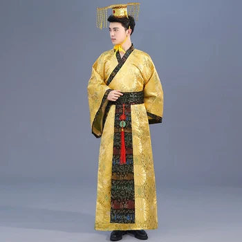 Odraslih Kitajske Tradicionalne Hanfu Obleko Moških Cesar, Kralj Fazi Rumena Oblačila Tang Obleko Kostume za Moške Haljo+Klobuk Določa