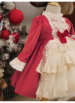 Baby Girl Jesen Zima Rdeče Mah Palace Letnik španski Pompom Žoga Princesa Lolita Obleko za Božič, Rojstni dan