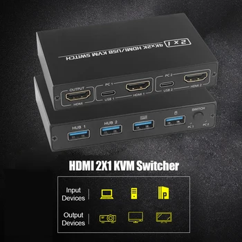 HDMI KVM Stikalo Ultra HD 4K za 2 PC Računalniki Delitev En Monitor, Tipkovnico, Miško, Tiskalnik, 2 Vrata HDMI KVM Stikalo Izbirno