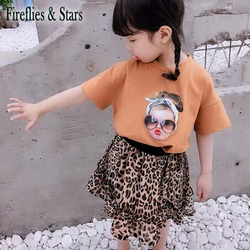 Poletje, dekleta, 2 kos komplet dojenček tee majica + mini krilo otroci obleko otroci oblačila moda lolli glavo leopard tiskanja 3 do 9 let