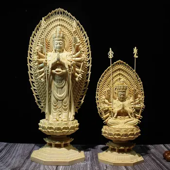 28/43 cm Tisoč Roke Guanyin Šimšir Lesa Carvinga Figurice Ročno izklesan Kip Bude obrti Dom Dekoracija dodatna Oprema