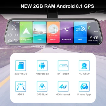 Bluavido 4G Android 8.1 Avto Ogledalo Video kamero, GPS Navigacija ADAS Vzvratnega Ogledala, Kamere FHD 1080P Dvojno Objektiv Dash Kamera Dvr