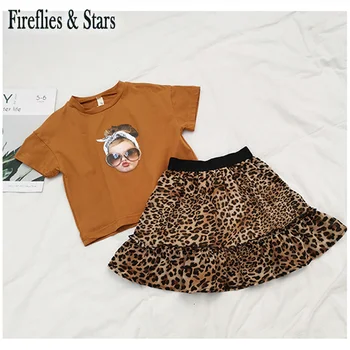 Poletje, dekleta, 2 kos komplet dojenček tee majica + mini krilo otroci obleko otroci oblačila moda lolli glavo leopard tiskanja 3 do 9 let